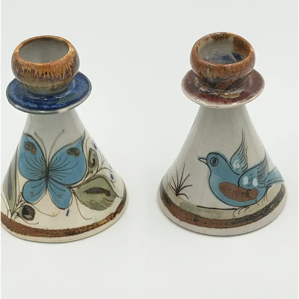 Folk-Art Ken Edwards Palomar Tonala Pottery Hand Painted 2pc Set Candle Holders